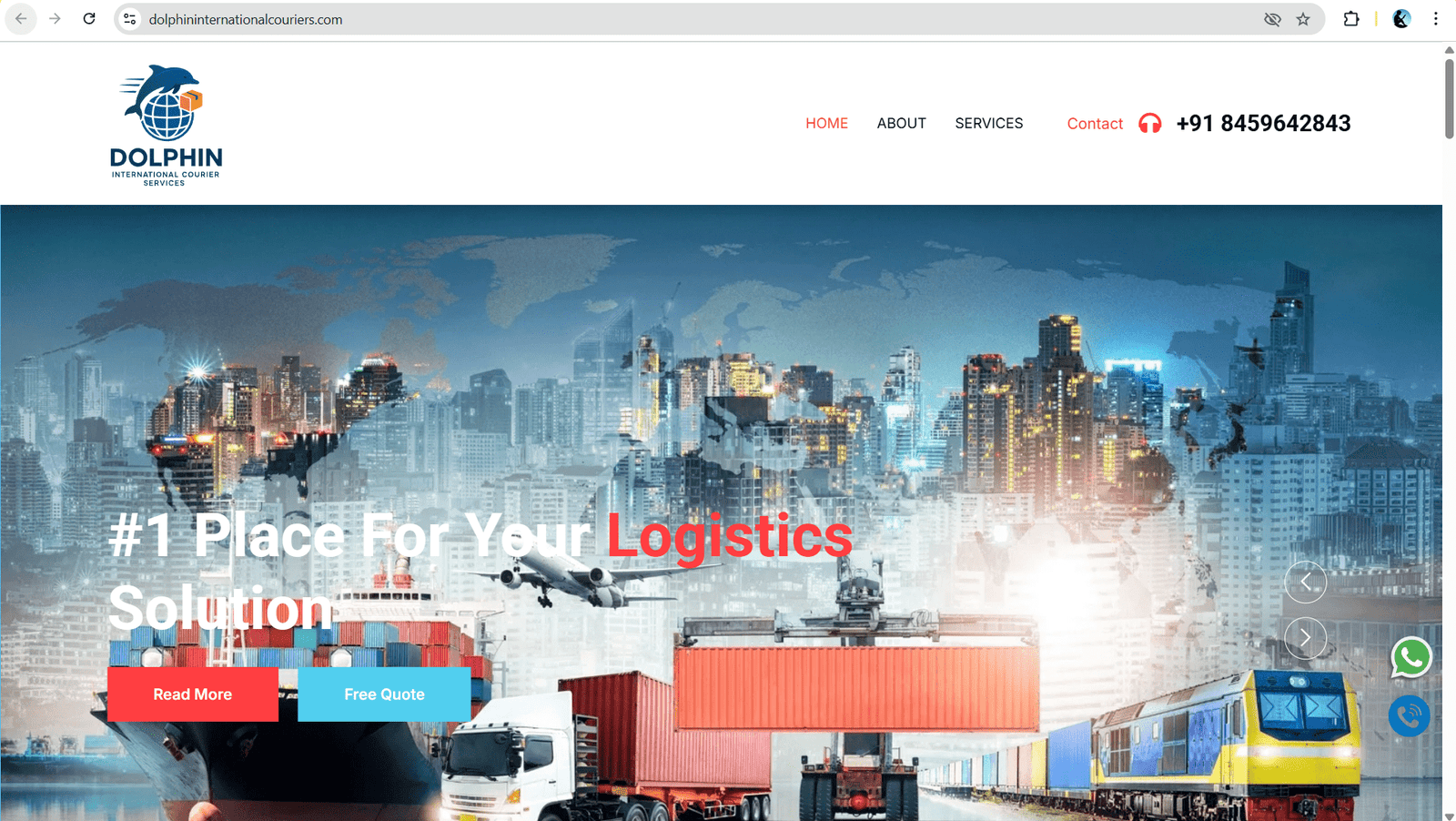 Dolphin International Couriers website banner featuring freight shipping, air cargo, sea cargo, and train logistics services.