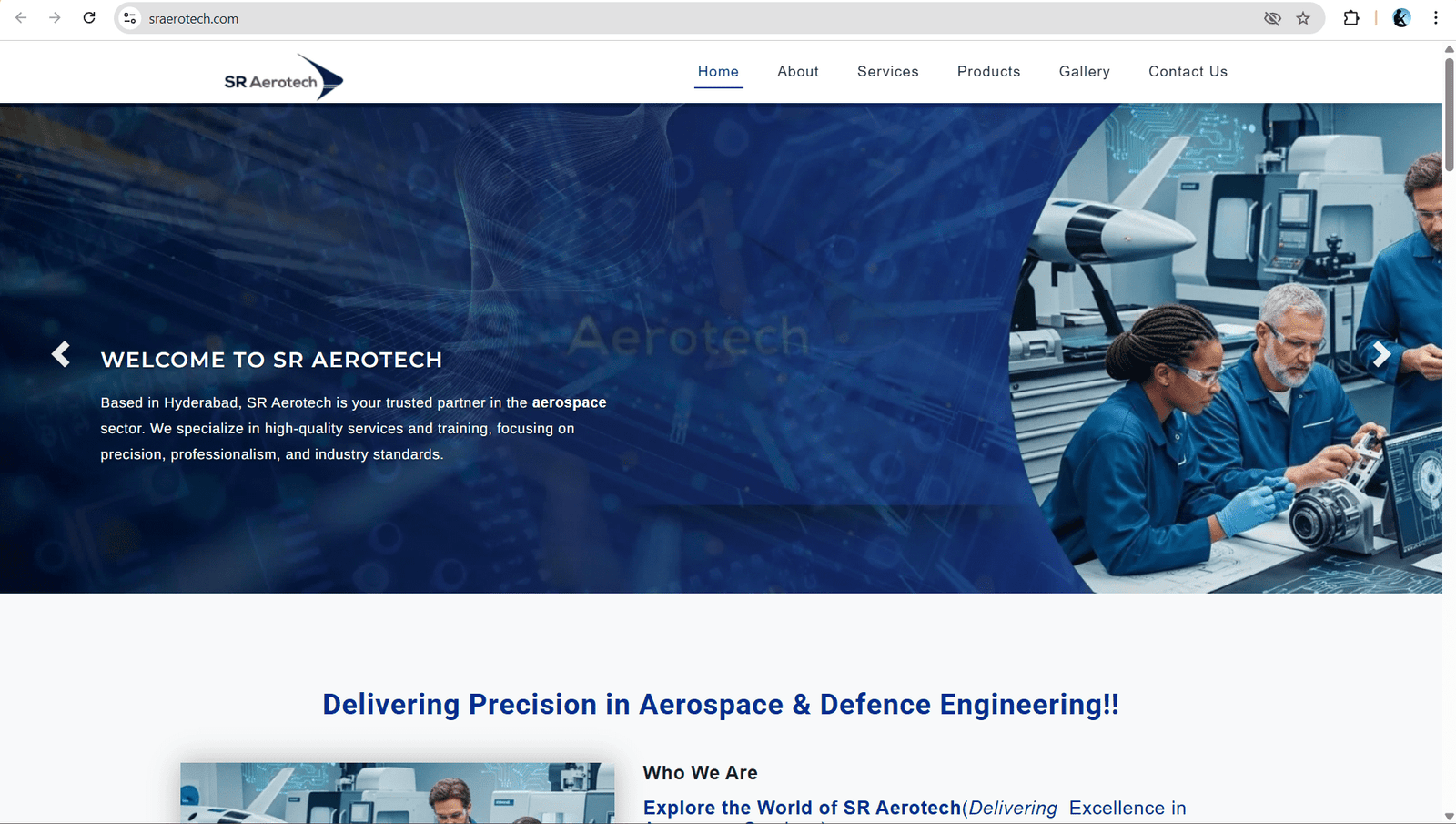 SR Aerotech website banner highlighting aerospace and defence engineering services with technical team and aircraft model.