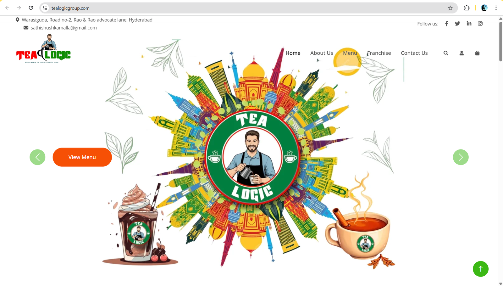 Tea Logic Group homepage banner featuring colorful city skyline illustration, tea shop logo, iced chocolate drink, and hot tea cup with View Menu button.
