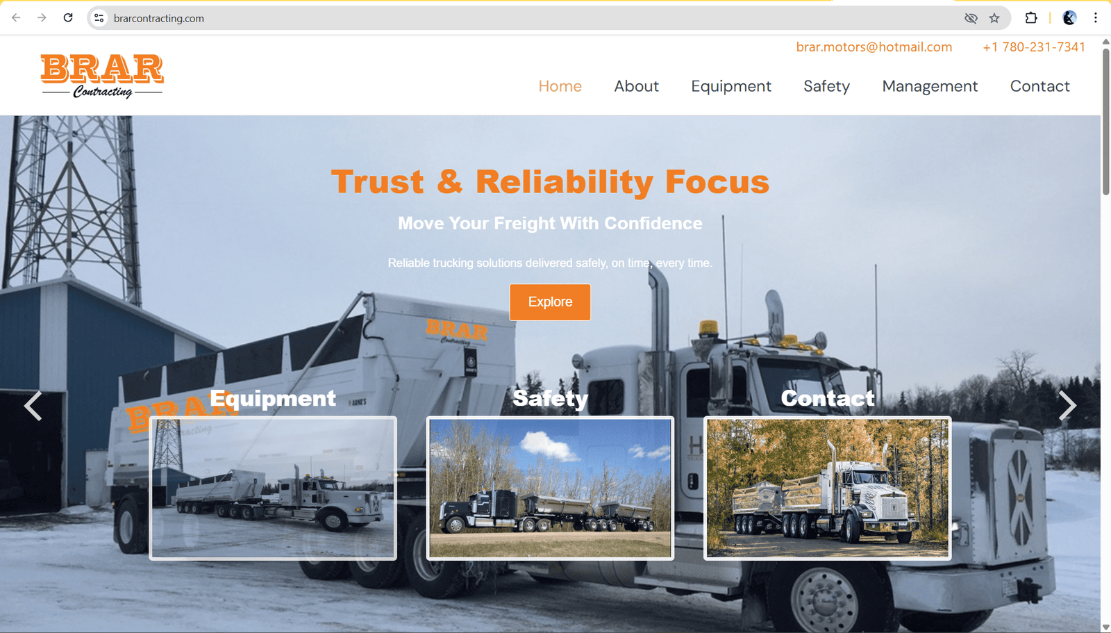 BRAR Contracting website banner showing large dump truck and freight transportation services.
